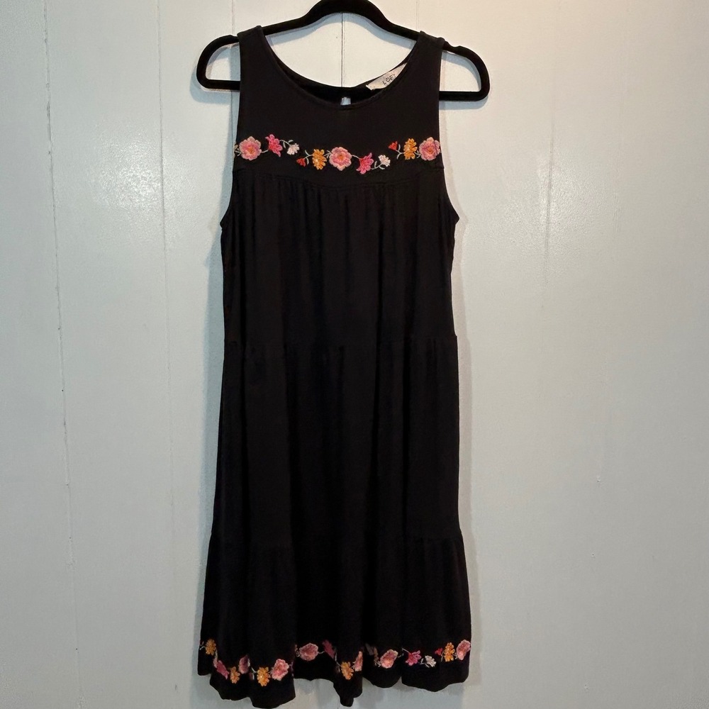 LOFT Womens Black Floral‎ Embroidered Tiered Sleeveless Midi Dress Size M
